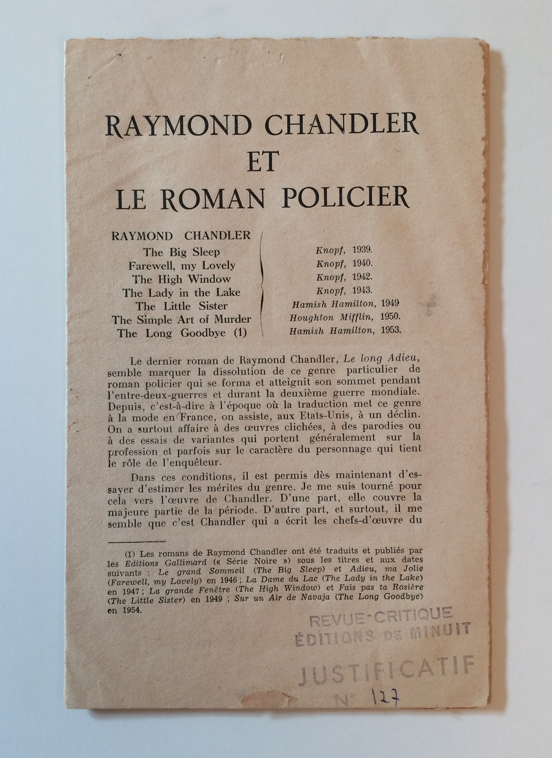 Raymond Chandler – A 5-Page Autograph letter mentioning Agatha Christie (twice) and in defence of The Long Goodbye, signed and written in French, together with a critical essay about Chandler by Robert Champigny - 3